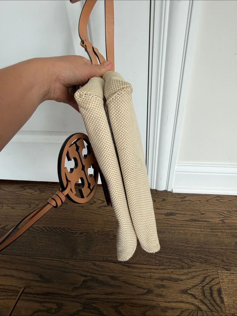 Tory Burch Beige Canvas & Tan Leather Logo Crossbody